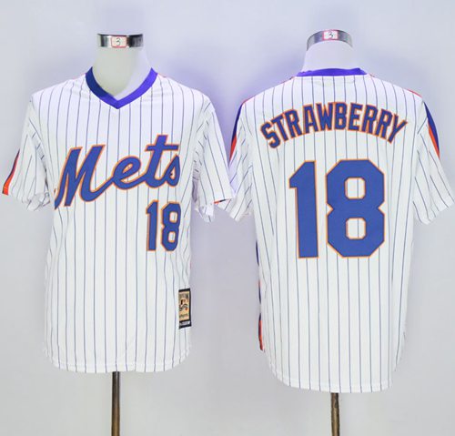 Mitchell and Ness Mets #18 Darryl Strawberry Stitched White Blue Strip Throwback MLB Jersey - Click Image to Close